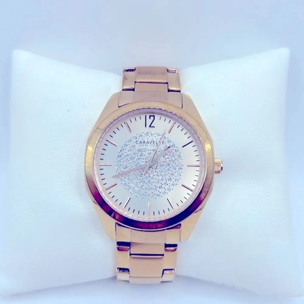 Working! Caravelle New York Rose Gold Rhinestone Face Ladies Watch